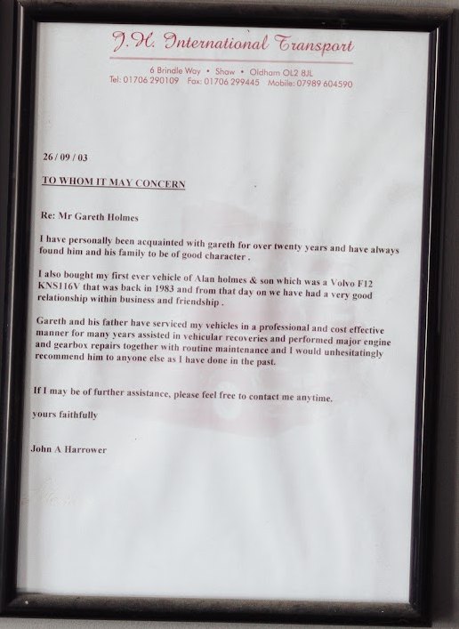 2003 letter from J.H. International Transport recalling a Volvo F12 bought in 1983